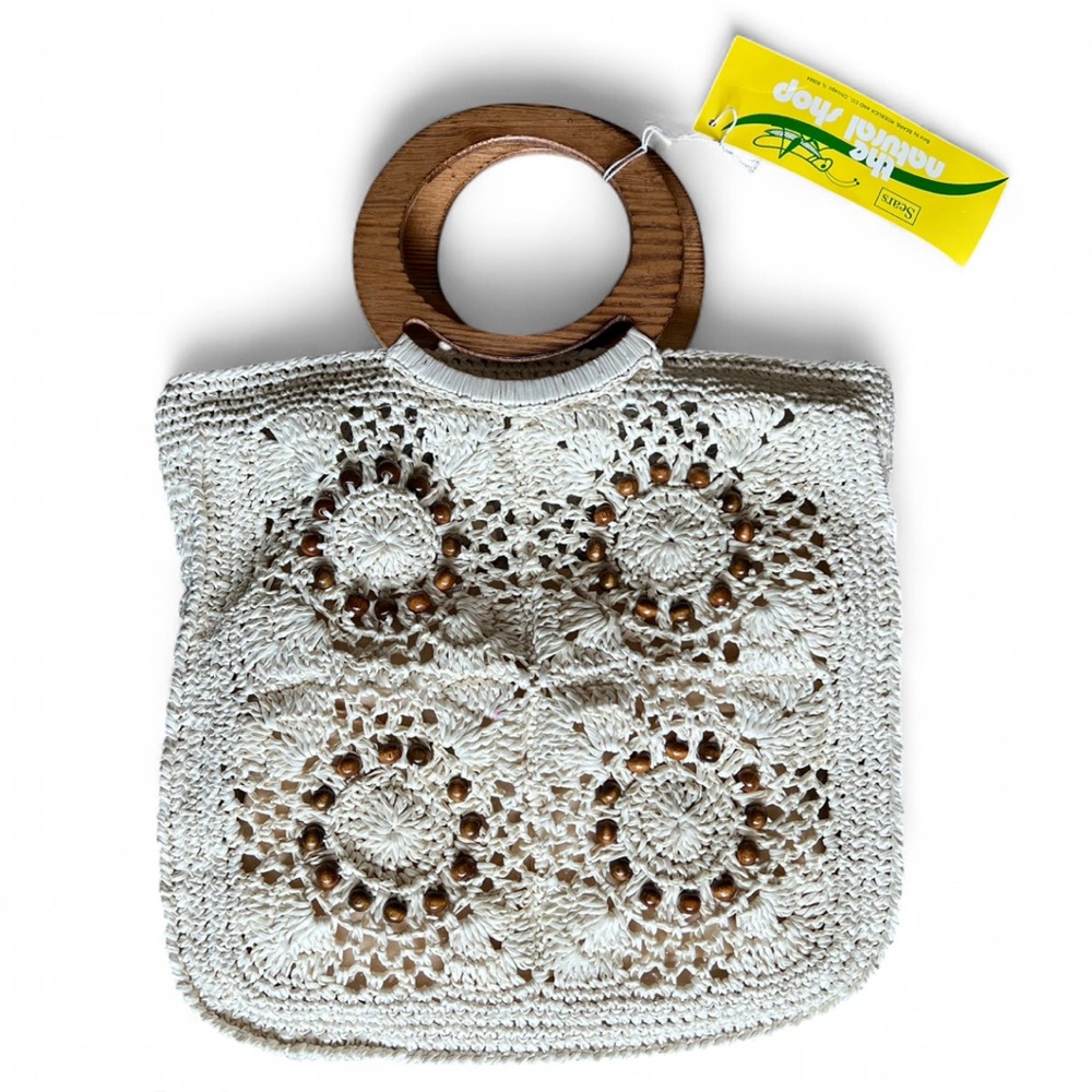 NWT Sears Crochet Tote with Wooden Handle